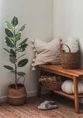 A cozy corner of the living room - a wooden bench with a pillow and a blanket, baskets, a ficus flower, slippers on a jute carpet. A cozy house - obrazy, fototapety, plakaty