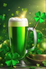 St. Patrick's Day celebration concept glass with cold foamy beer drink.