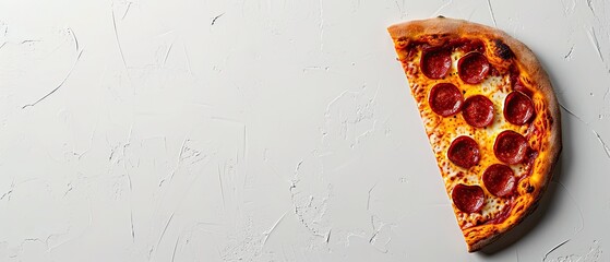 A large slice of pizza with sausage lies on a white background. A banner to advertise a pizzeria.