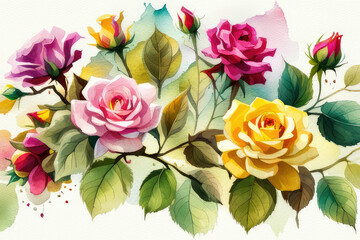 Watercolor autumn banner with roses and leaves isolated on white background