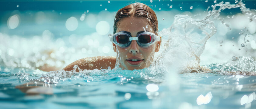 Focused swimmer cutting through water, goggles reflecting the intensity of her training