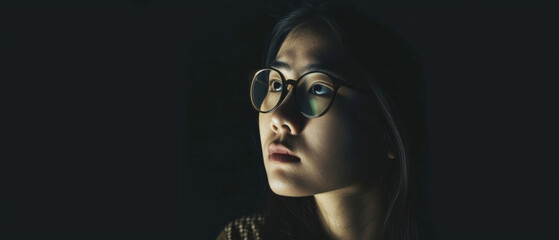 Contemplative young woman with glasses, highlighted by a beam of light in the darkness