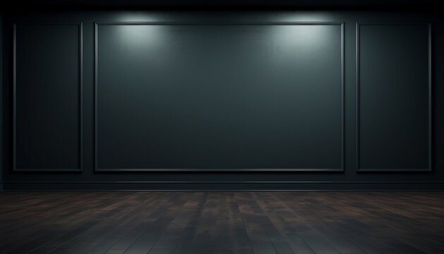 Empty room with sunlight shining, large window. black gradient soft light background of studio for artwork design.	