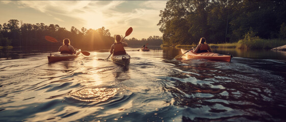 Group of kayakers on a serene river at sunrise, enjoying the peace of early morning paddling - obrazy, fototapety, plakaty
