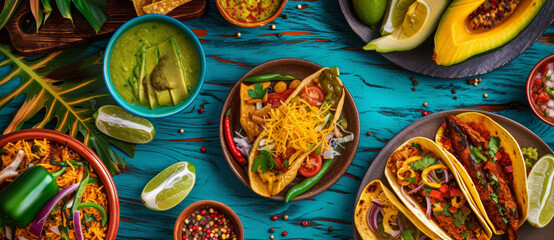 Festive Mexican feast with tacos, guacamole, and colorful sides on a vibrant turquoise table