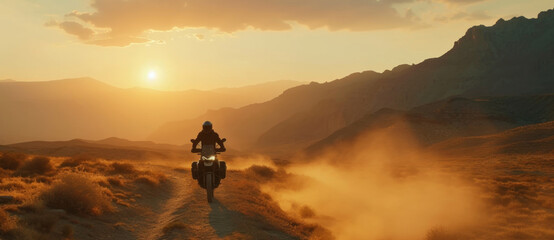 Fototapeta premium Motorcyclist on a desert trail at sunset, the dust and sun crafting a golden adventure