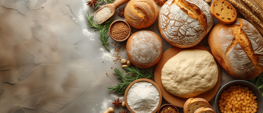 Composition with different types of breadle background, top view