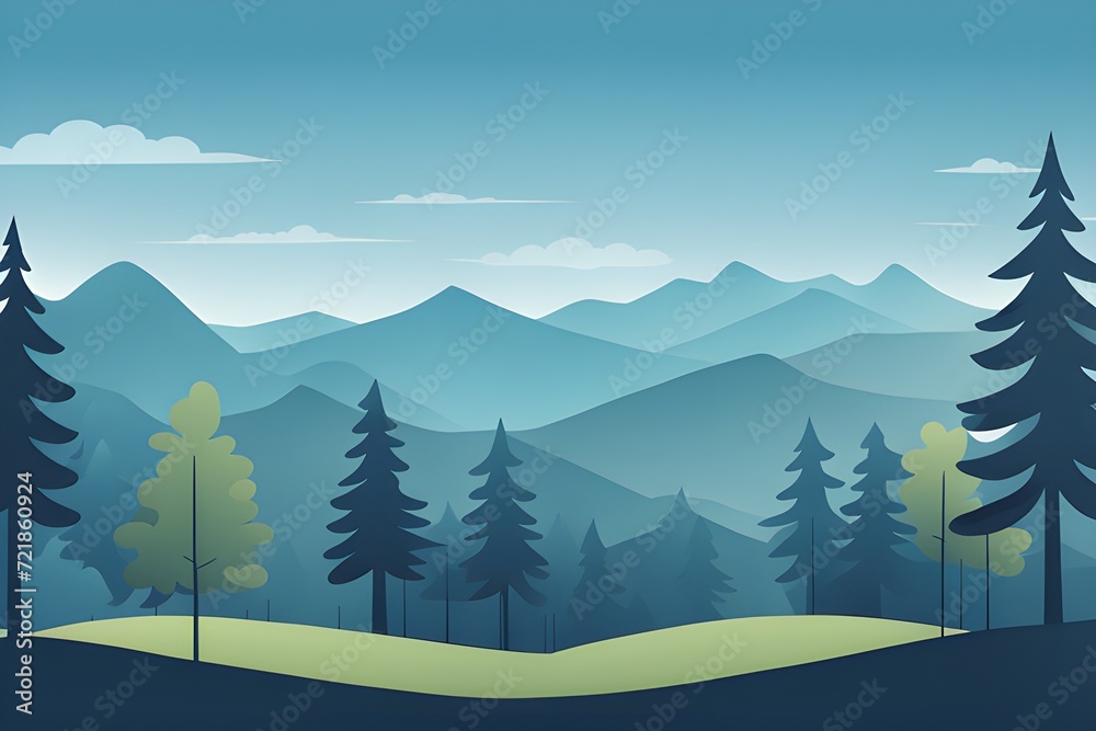 Wall mural flat illustration of forests and mountains with cool shades of blue