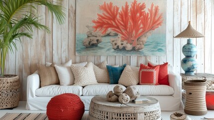 Southeast Asian Coastal Escape a?" Whitewashed Wood, Coral Accents, and Sea-inspired Art.