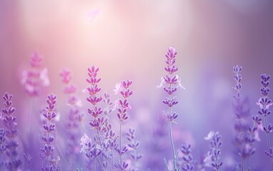 Fototapeta premium Beautiful lavender flowers blooming in the field, soft focus