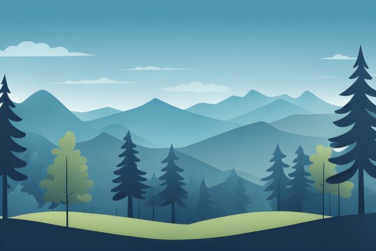 flat illustration of forests and mountains with cool shades of blue