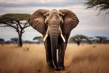 Fototapeta na wymiar Powerful Majesty of a Tranquil African Elephant in Savannah Landscape: A Portrait of Resilience and Charm