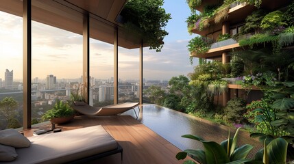 Urban Oasis with Hanging Gardens, Floor-to-Ceiling Windows, and Sleek Wooden Furniture.