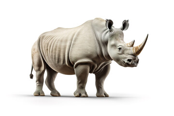 A grey rhinoceros, standing majestically, is captured in this image against a pristine white background, showcasing the beauty of this large, horned creature. Rhino. Wild Animals. Generative AI.