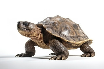 Obraz premium A solitary turtle, set against a clean white backdrop, showcasing its brown carapace while leisurely walking, embodies the essence of a cute and slow-moving reptile on white background. Generative AI.