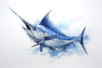 Painting of swordfish swimming on white background. a illustration featuring a drawing of a sea fish, isolated on a white background. Undersea animals. Generative AI.