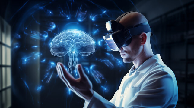 Scientists use VR glasses to study the structure of the human brain Medical technology Virtual healthcare to research and test patient outcomes, innovation and science into the future