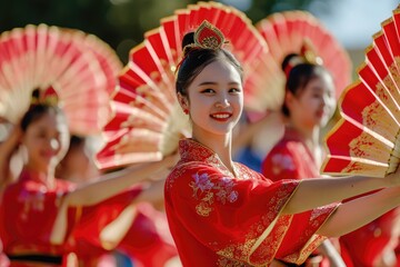 A smiling child dressed in a vibrant traditional costume performs a dance with fans during a festive Chinese cultural celebration.