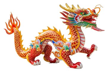 Vibrant Chinese Dragon Sculpture; Traditional Dragon Artwork; Colorful Mythical Creature Isolated