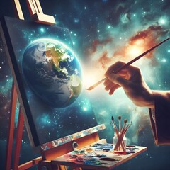 God hands hold paintbrush painting the earth on cosmic canvas in space