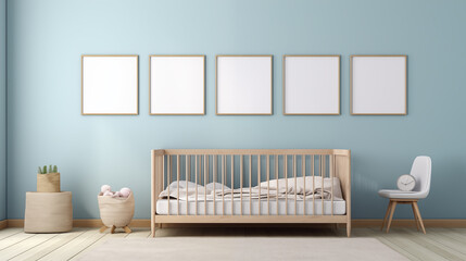 Minimalist nursery room with empty frames ready for customization, ideal for interior design concepts