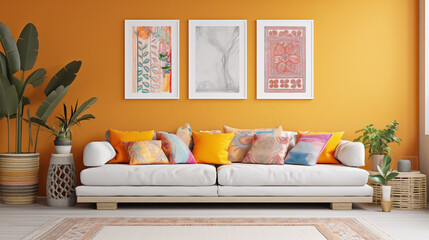 Modern living room interior with vibrant cushions and artwork, perfect for home decor themes