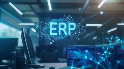 ERP System Concept, Digital Network Solution,Suitable for illustrating articles on enterprise resource planning, business management software, and IT solutions