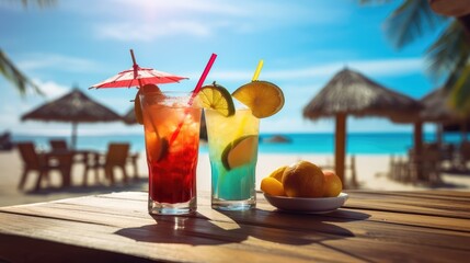 Bar counter on the beach. Glasses with cocktails lie on the table. Concept of relaxing, summer vacation Generative Ai