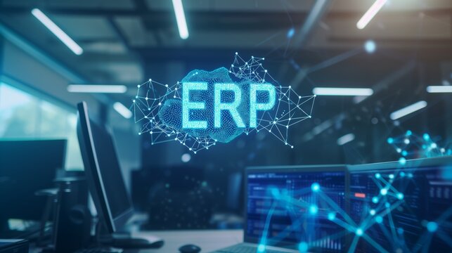 ERP System Concept, Digital Network Solution,Suitable for illustrating articles on enterprise resource planning, business management software, and IT solutions