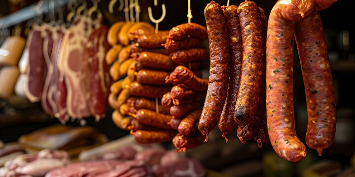Artisan sausages hanging in a traditional deli. rustic style, culinary concept. perfect for food blogs. AI