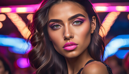 Naklejka premium Beautiful hyperreal closeup portrait of a young girl model during a fashion show, fashion and beauty concept,