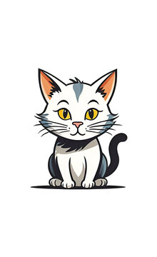 vector illustration, flat logo of cute cat vector icon, primitive childish doodle isolated on white background, favorite pets,