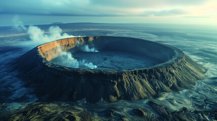 壮大な火山の火口を上空から見た様子