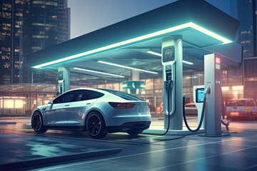 an electric vehicle charging at station Generative AI