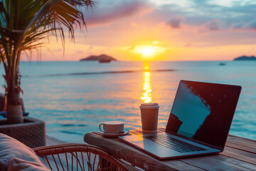 Fototapeta premium Laptop and ocean view background.