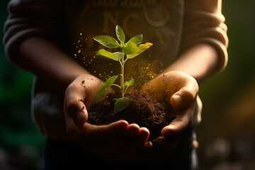 Plant in a kid's hands - nurturing life, light-filled moment.