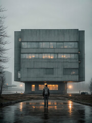 Brutalist architecture style concrete building and fog