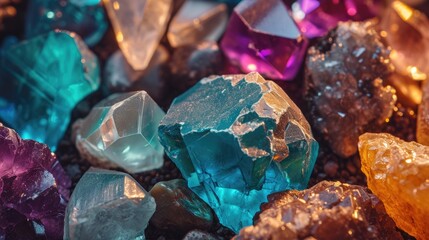Close-up view of various jewels, mineral gems, and crystals for backgrounds, Ai Generated