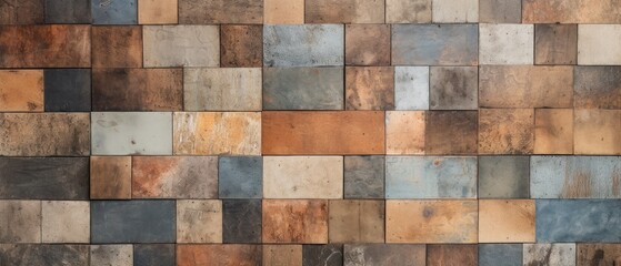 Old, brown-gray, rusty and vintage worn shabby patchwork square motif tiles in stone, Ai Generated