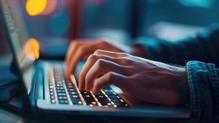 Close-up of a man typing on a laptop keyboard, shallow depth of field image, Ai Generated