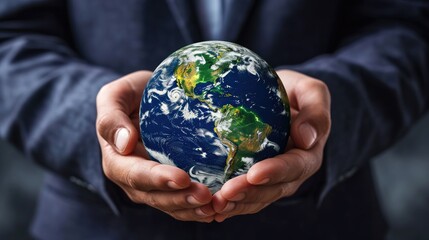 A businessman confidently holds the Earth globe in his hands, symbolizing global business reach, Ai Generated