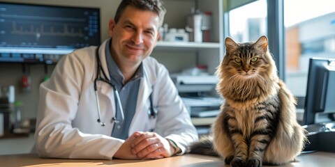 Friendly veterinarian smiling next to a fluffy cat on desk. professional animal care. veterinary clinic environment. AI