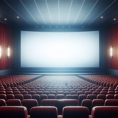 Blank white luminous cinema movie theatre screen with realistic red rows of seats and chairs