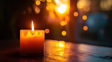 Candle lit on a table casting a soft glow, with light shining through, Ai Generated