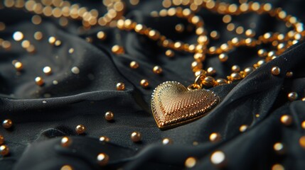 Heart-shaped pendant on black cloth, accented with gold beads for elegance, Ai Generated