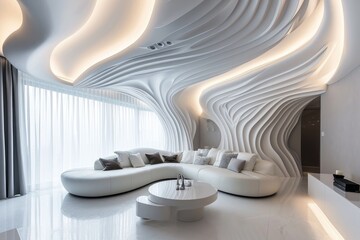 Experience the future with an abstract wavy ceiling in a modern living room's futuristic interior design. Ai Generated - obrazy, fototapety, plakaty