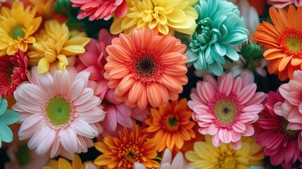 Obraz premium Explore the intricate details of a close-up shot, showcasing bright and colorful flowers in all their glory. Ai Generated.