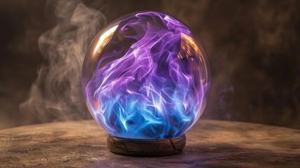 Witness the ethereal beauty of a glass ball, aglow with a mesmerizing purple flame, a symbol of enchantment. Ai Generated.