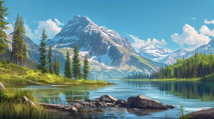 Immerse yourself in the beauty of a picturesque mountain and lake landscape, a serene and scenic backdrop. Ai Generated.