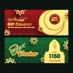 Eid Mubarak Gift Coupon or Voucher Design with Differnt Discount Offer in Two Color Option.